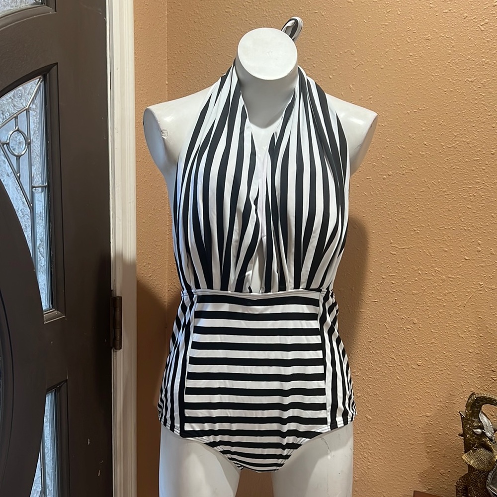 Cocoship black and white striped halter swimsuit